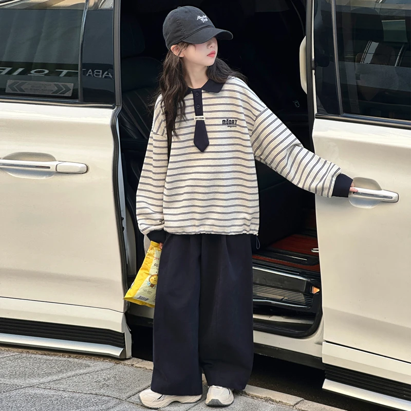 女童秋季拼色休闲套装新款大童卫衣秋款洋气春秋款条纹卫衣两件套