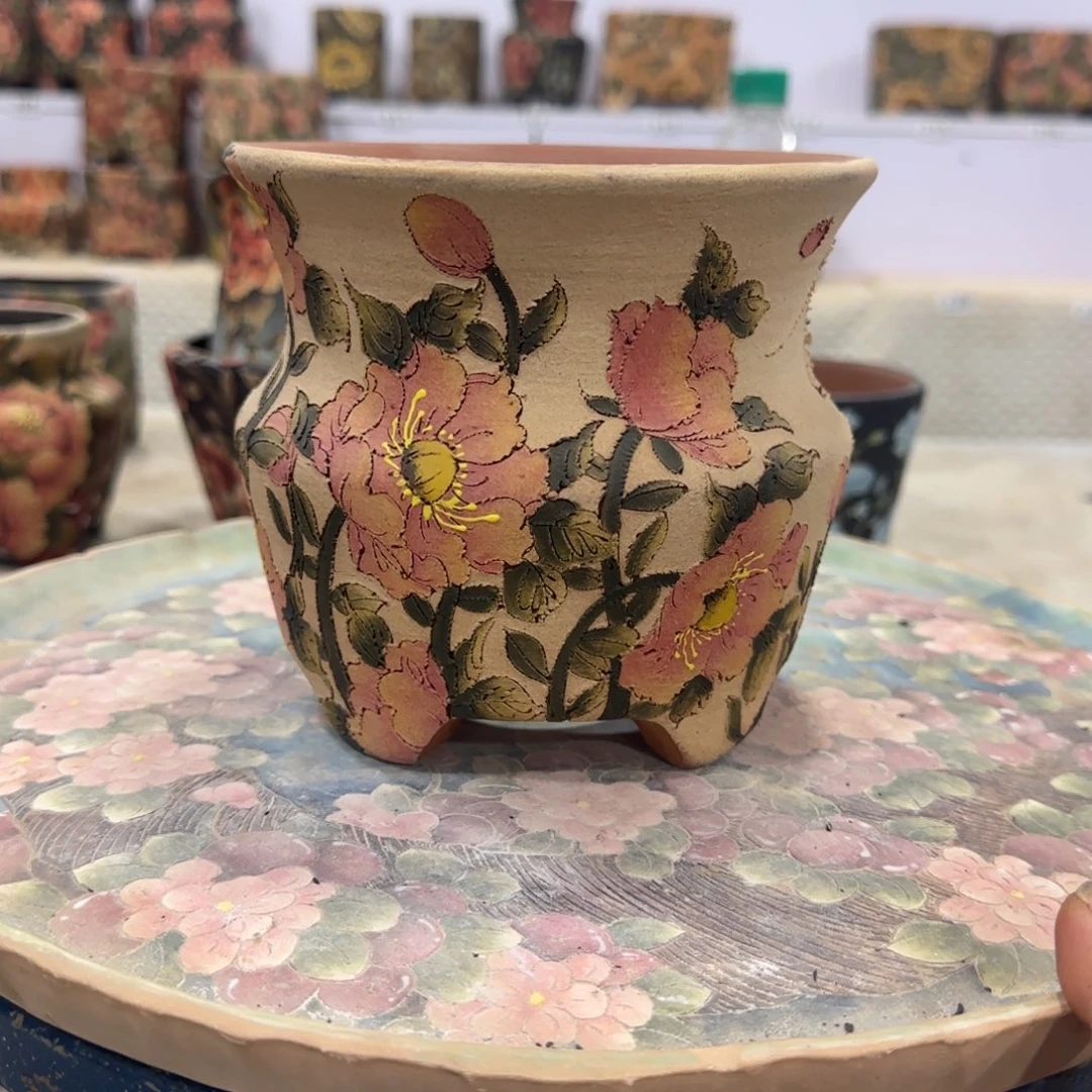紫砂花盆精品多肉手绘花盆