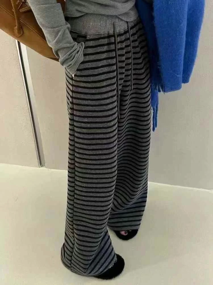 条纹加绒阔腿裤女冬季新款时尚高腰显瘦直筒