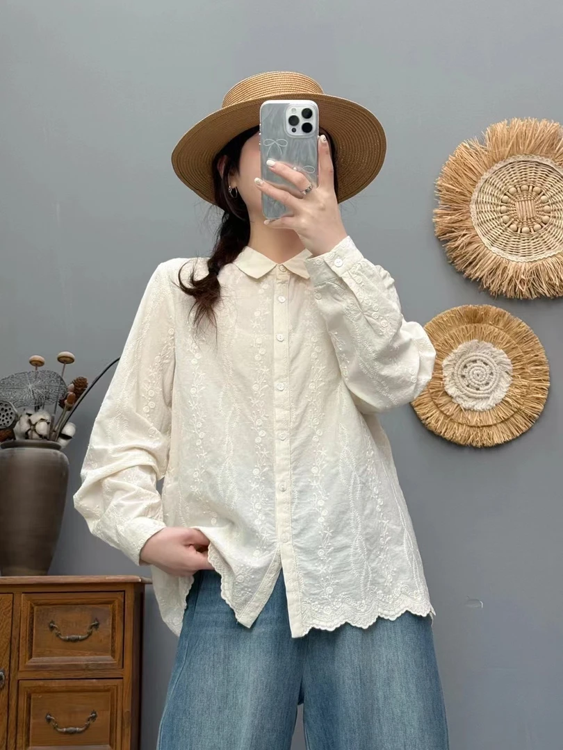 新中式国风白衬衫高级感精致刺绣百搭打底衫上衣显瘦文艺气质纯棉