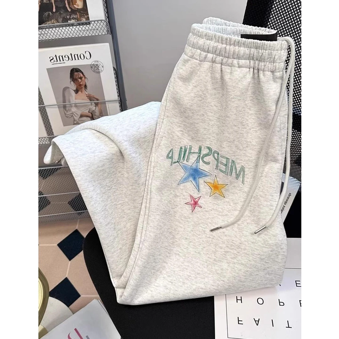 雪千羽美式涂鸦运动卫裤女春秋季显瘦宽松bf慵懒风直筒阔腿长裤子