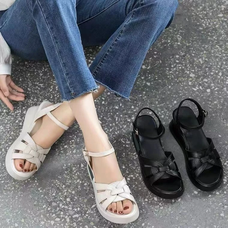 2025春季新品真皮凉鞋女坡跟软底舒适不累脚一脚蹬凉鞋松糕底女鞋