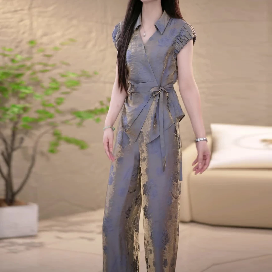 上衣+裤子 时尚套装女夏季显瘦气质法式复古洋气修身显瘦两件套裤