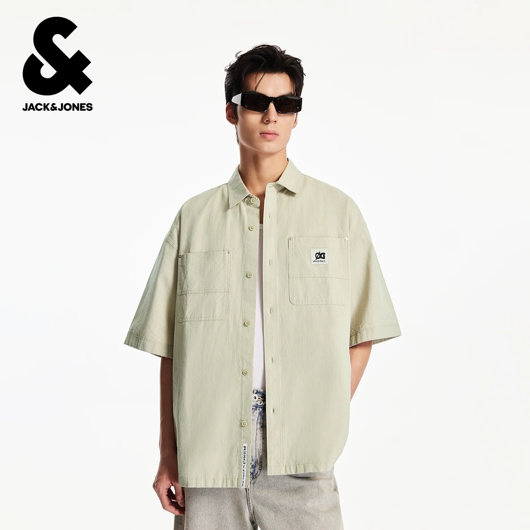 杰克琼斯男装秋季新款纯棉舒适字母贴布日常可外穿搭翻领短袖衬衫