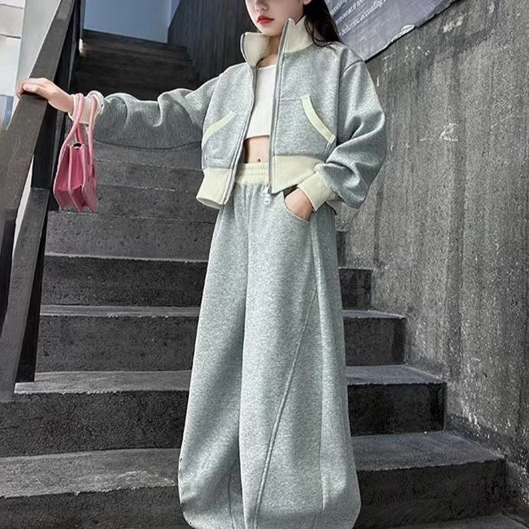 FAVMARTHA儿童春秋新品女童拼色领款上衣＋长裤中大童韩版两件套