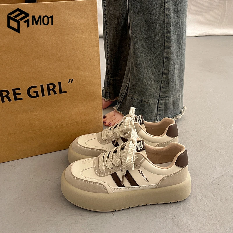 M01爆款百搭小众厚底板鞋女秋德训鞋超火新款韩系休闲运动面包鞋
