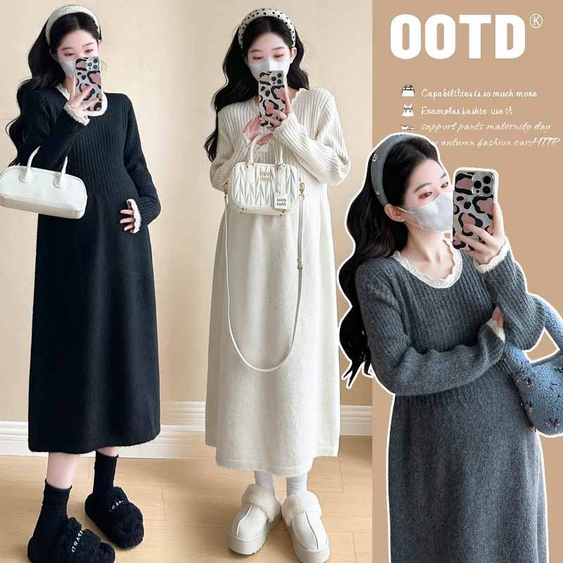 实拍现货~2025秋冬新款毛衣针织孕妈连衣裙花边拼接宽松打底裙