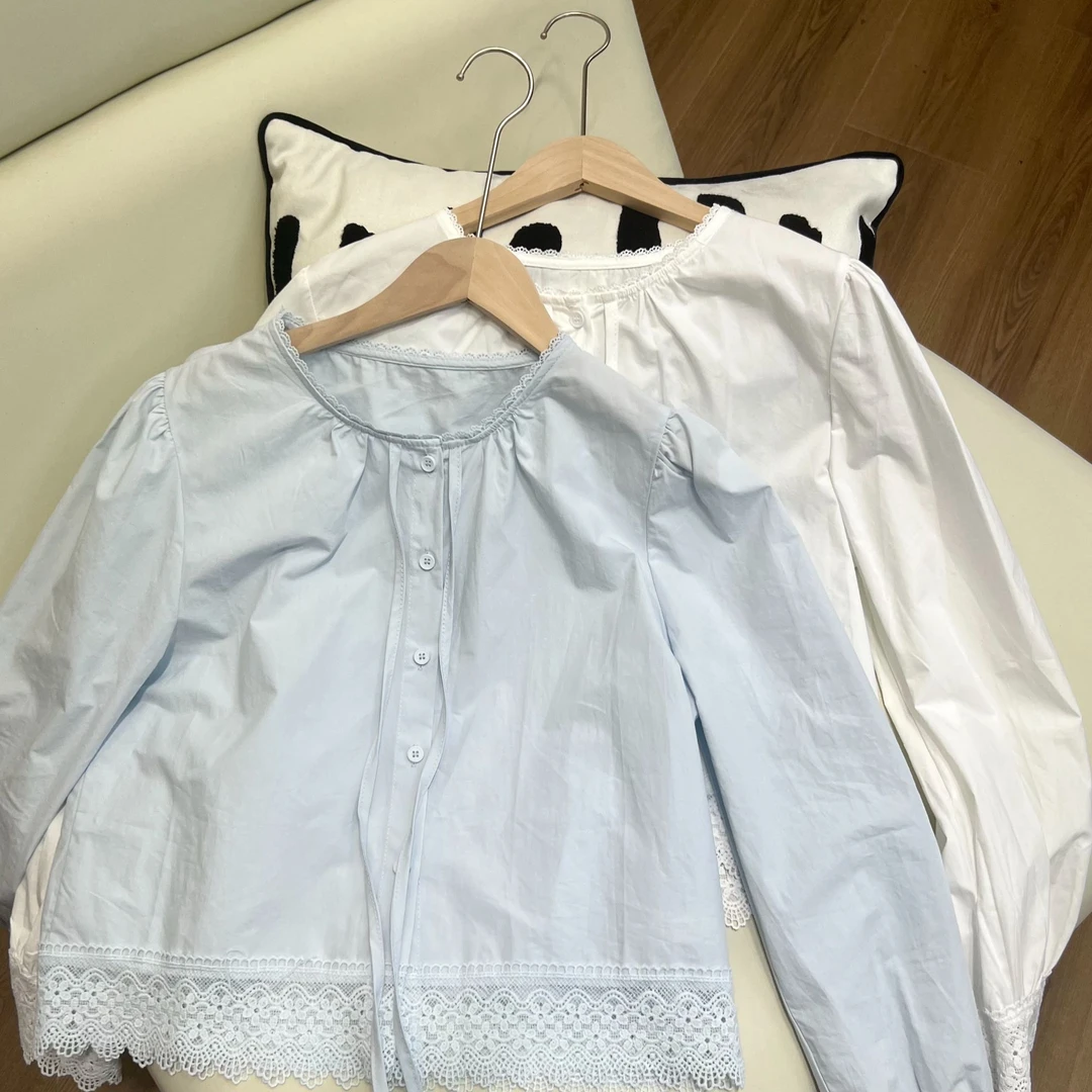 【漫语】小个子绑带百搭衬衫蕾丝上衣时尚休闲娃娃衫