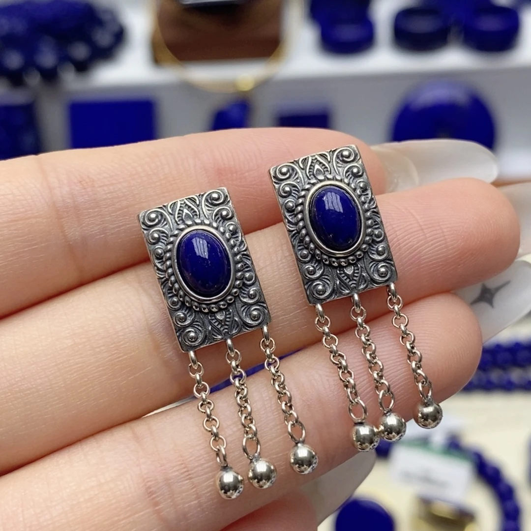 青金石银S925镶嵌耳饰