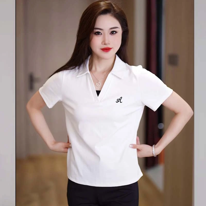 巨帛翻领短袖女夏装宽松上衣2025新款百搭显瘦休闲T恤V领
