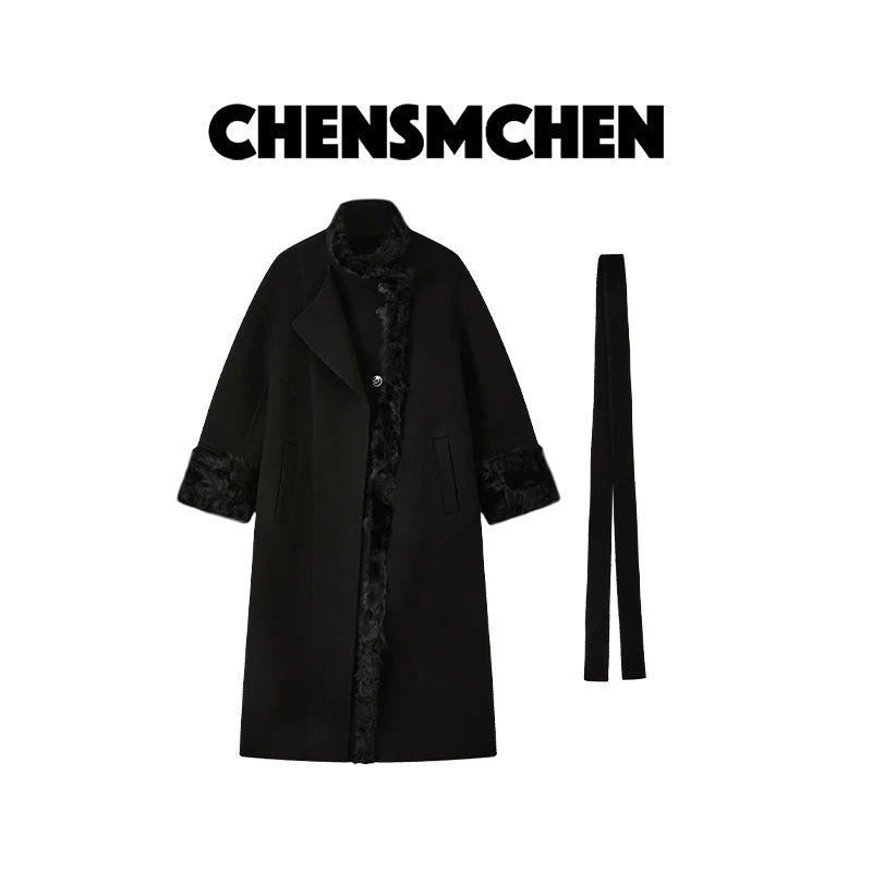 CHENSMCHEN 绵羊毛黑色毛呢大衣女时尚气质优雅大气外套CSD9055QQ