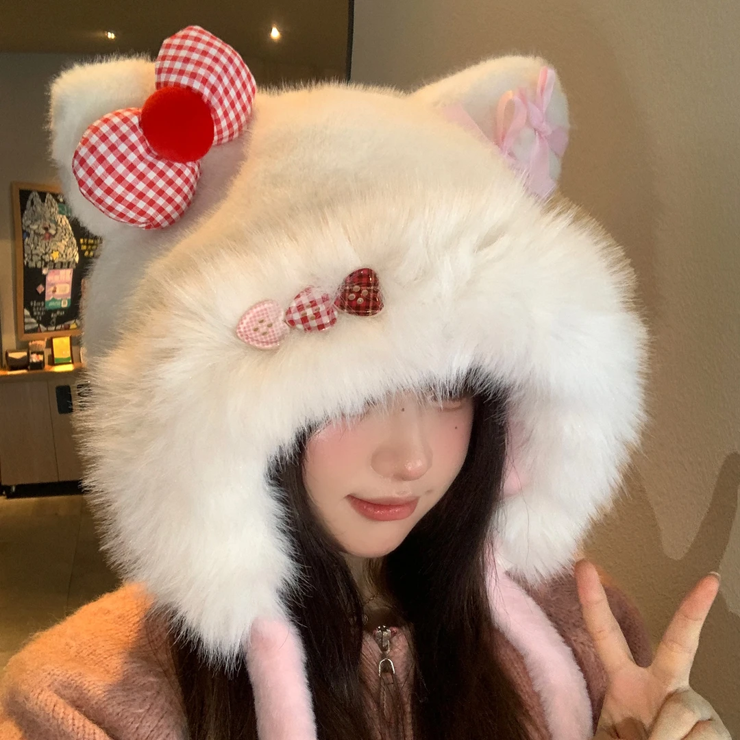 可爱猫耳朵蝴蝶结毛绒帽女秋冬甜美加厚保暖防寒护耳加绒雷锋帽子
