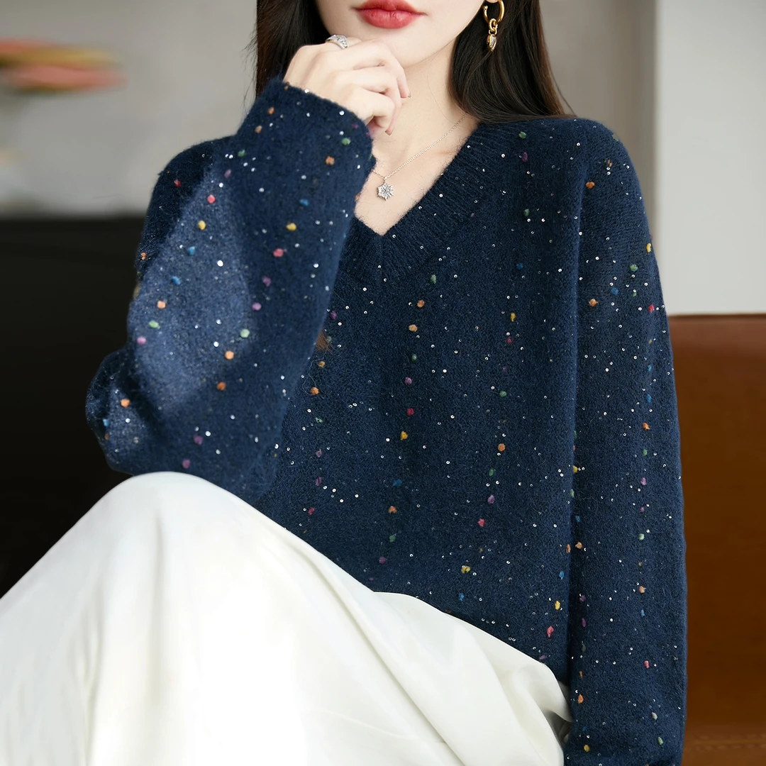 时尚宽松V领彩纱针织打底衫女2025新款洋气大码女装上衣秋冬毛衣