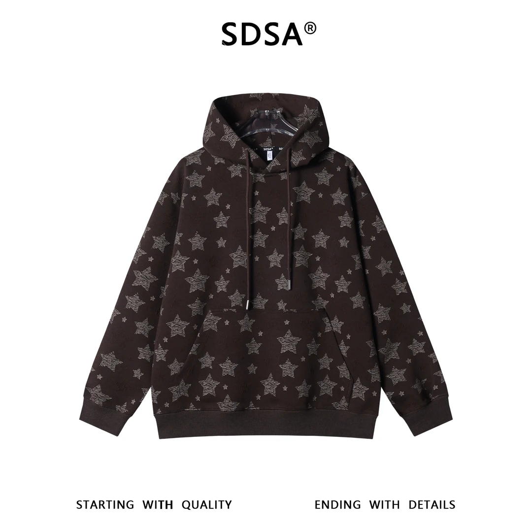 SDSA男士秋冬新款痞帅男装复古磨破撞色星星抽绳连帽卫衣百搭时尚