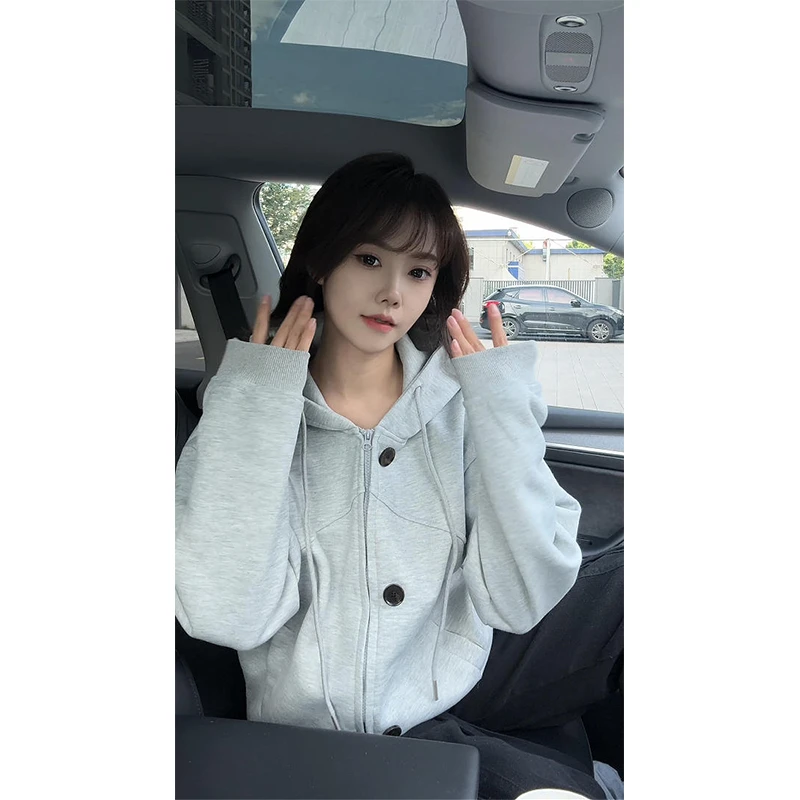 藏青色两穿连帽开衫卫衣外套男秋冬款美式原创设计感小众宽松夹克
