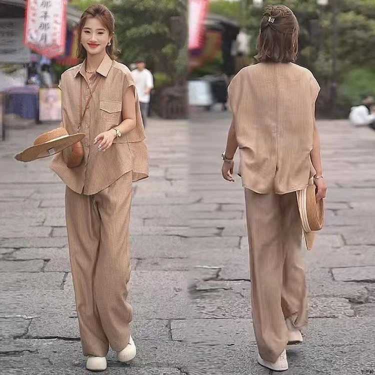 韩版短袖衬衫套装女2025夏新款时尚洋气显瘦减龄上衣阔腿裤两件套