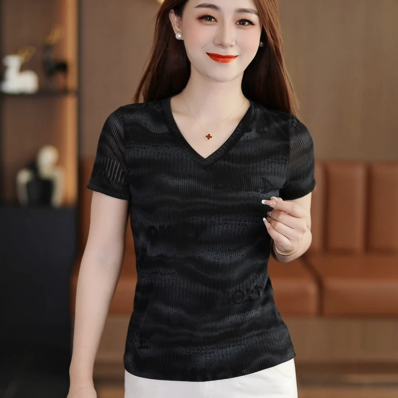 夏季新款V领网纱短袖冰感T恤时尚字母印花弹力洋气修身小衫女上衣