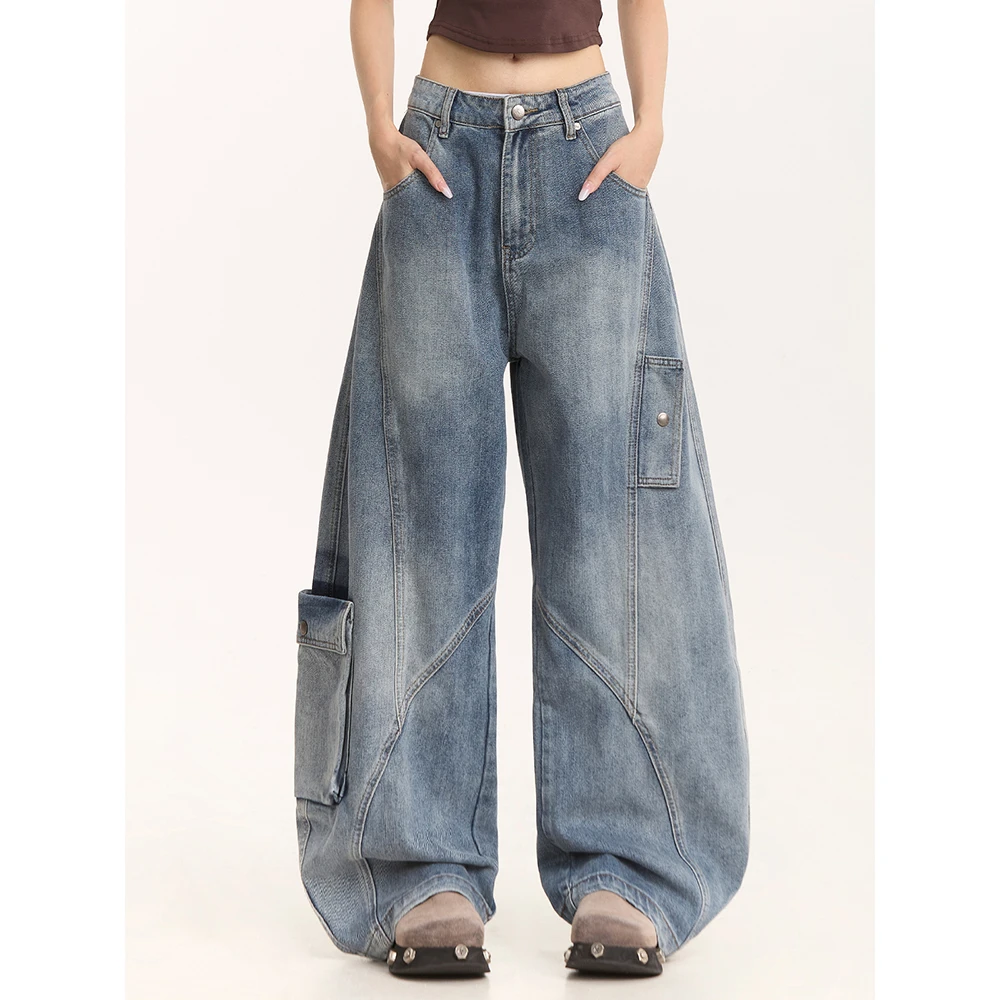 美式复古水洗廓形弯刀牛仔裤女设计感多口袋宽松直筒阔腿拖地裤子