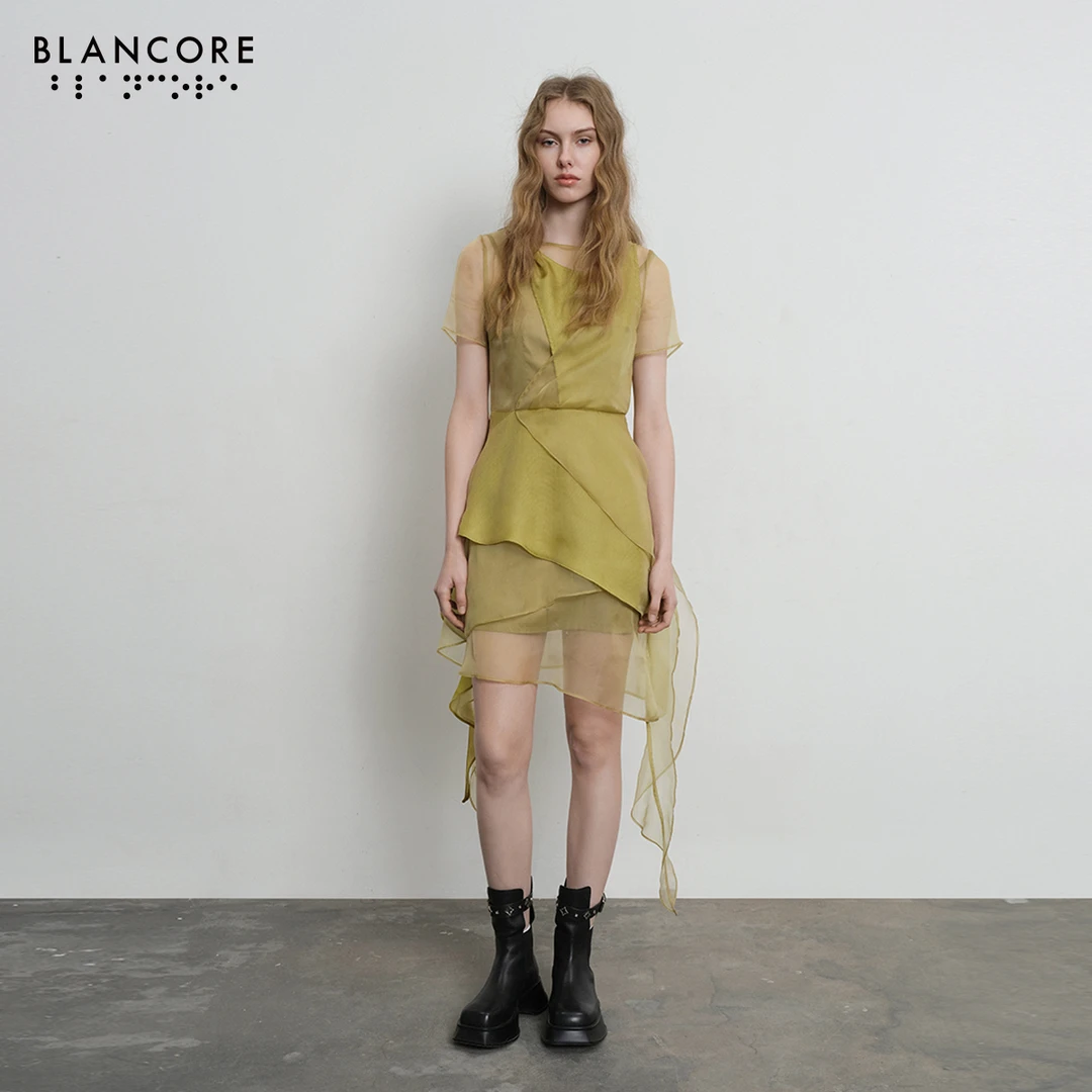 【设计师品牌BLANCORE】夏季新款多层材质拼接波浪连衣裙