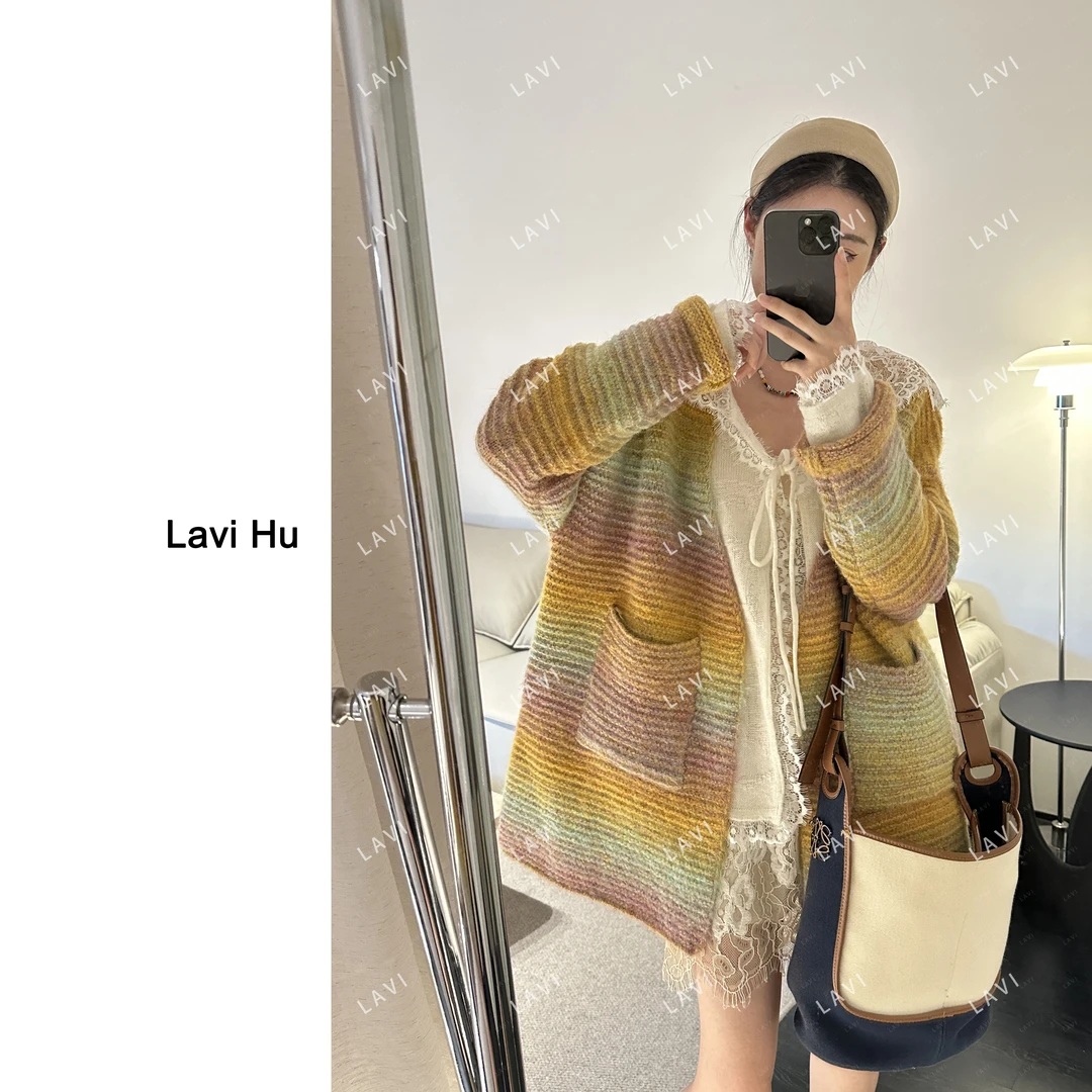 棱镜少女 毛针织衫拼色女装V领秋季开衫666 #