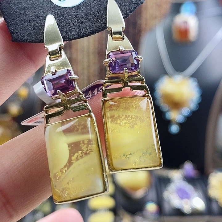 琥珀银S925镶嵌耳饰耳环