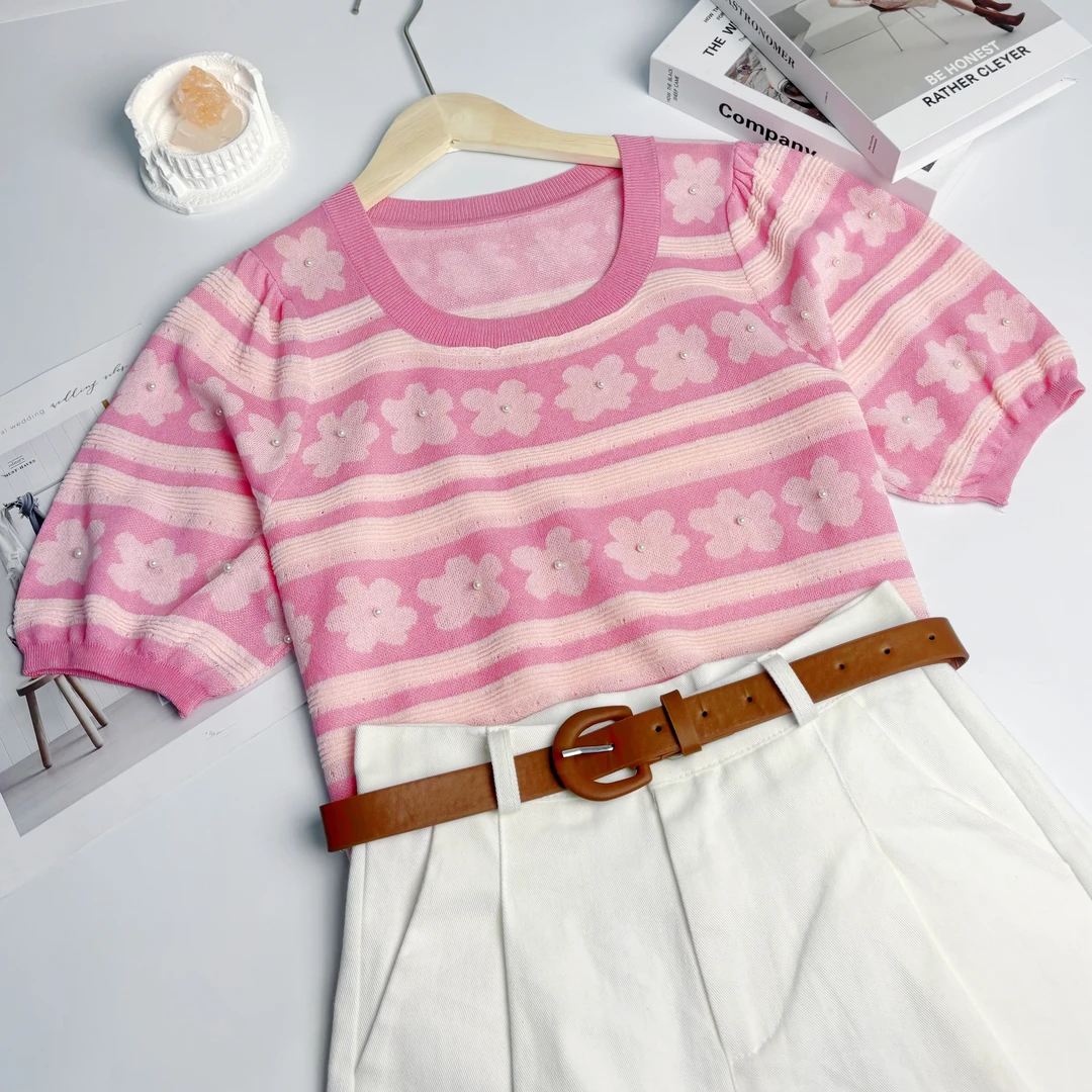 玲姐定制-V领刺绣图案款针织开衫薄微透针织短袖141321