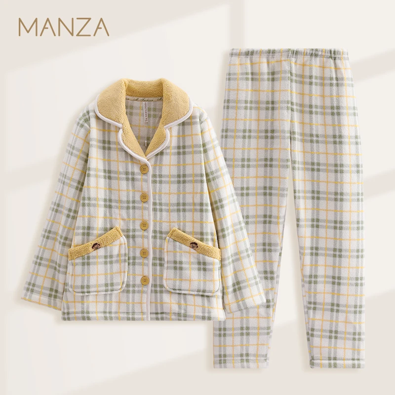 玛伦萨女士秋冬加厚加绒珊瑚绒可外穿保暖家居服法兰绒大码套装