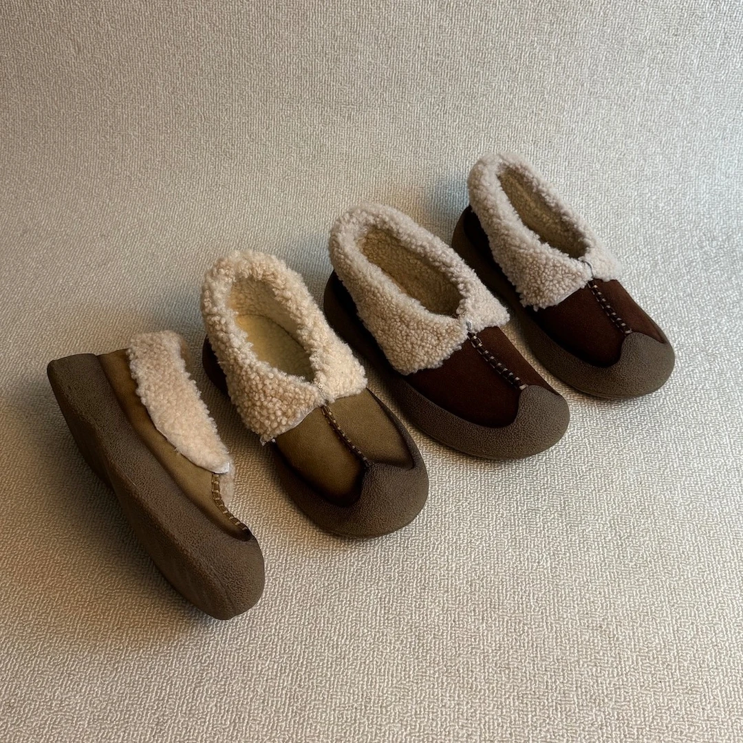 六也「翻边毛毛领」懒人一脚蹬加绒保暖圆头防滑休闲毛毛棉鞋1305