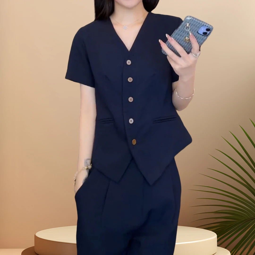 时尚韩版休闲套装女2026年夏季新款洋气显瘦短袖上衣阔腿裤两件套