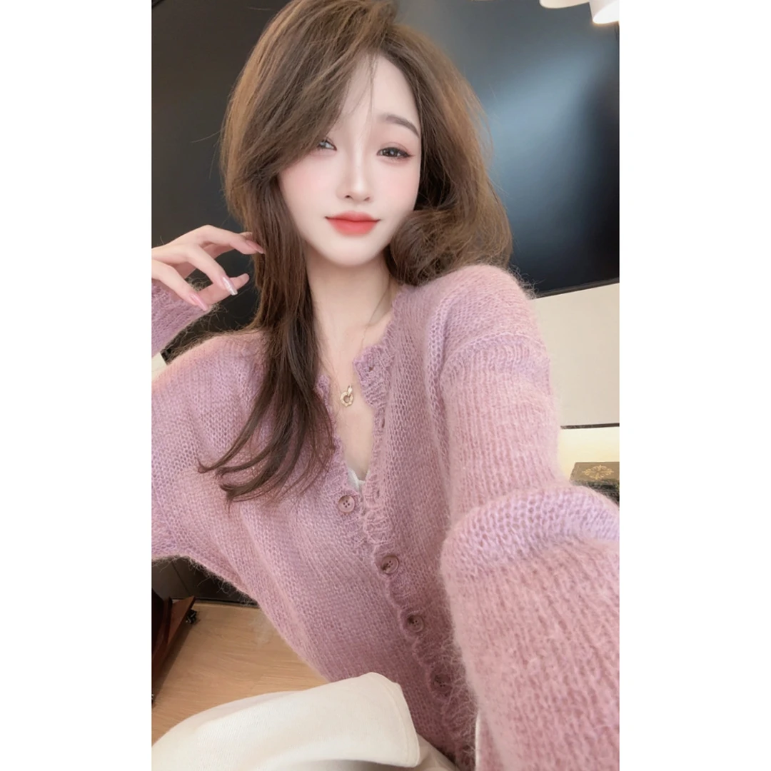 【陈陈私服】慵懒温柔软糯马海毛毛衣减龄显白长袖针织开衫25100410