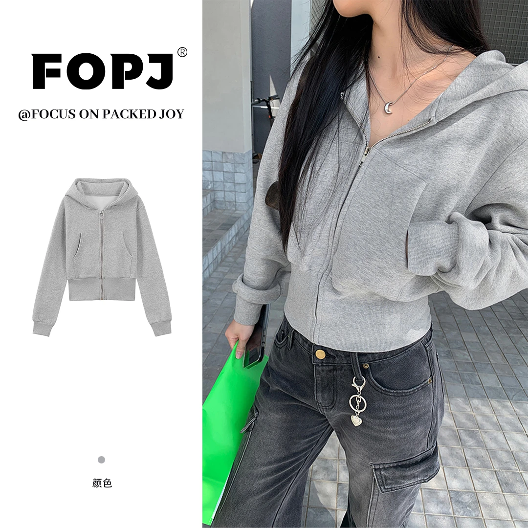 FOPJ韩版时尚小个子短款连帽卫衣春秋款女士修身显瘦长袖开衫外套