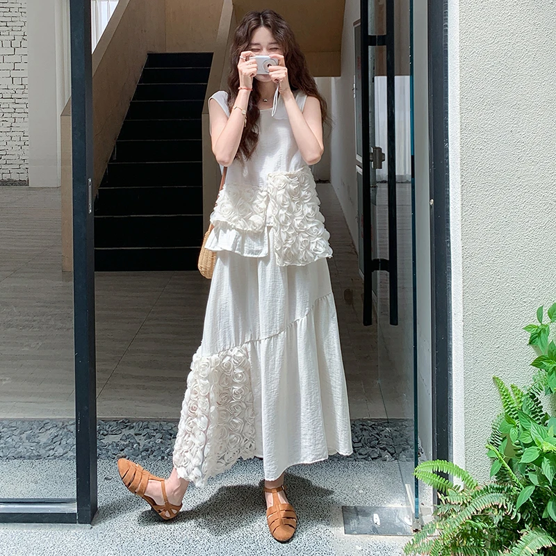 米白色独特漂亮夏季套装女2025新款蕾丝花边无袖背心半身裙两件套