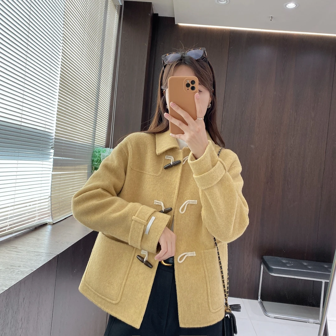 IMFLY金小金自制女装 绵羊毛外套DYW9858韩版短款牛角扣毛呢大衣