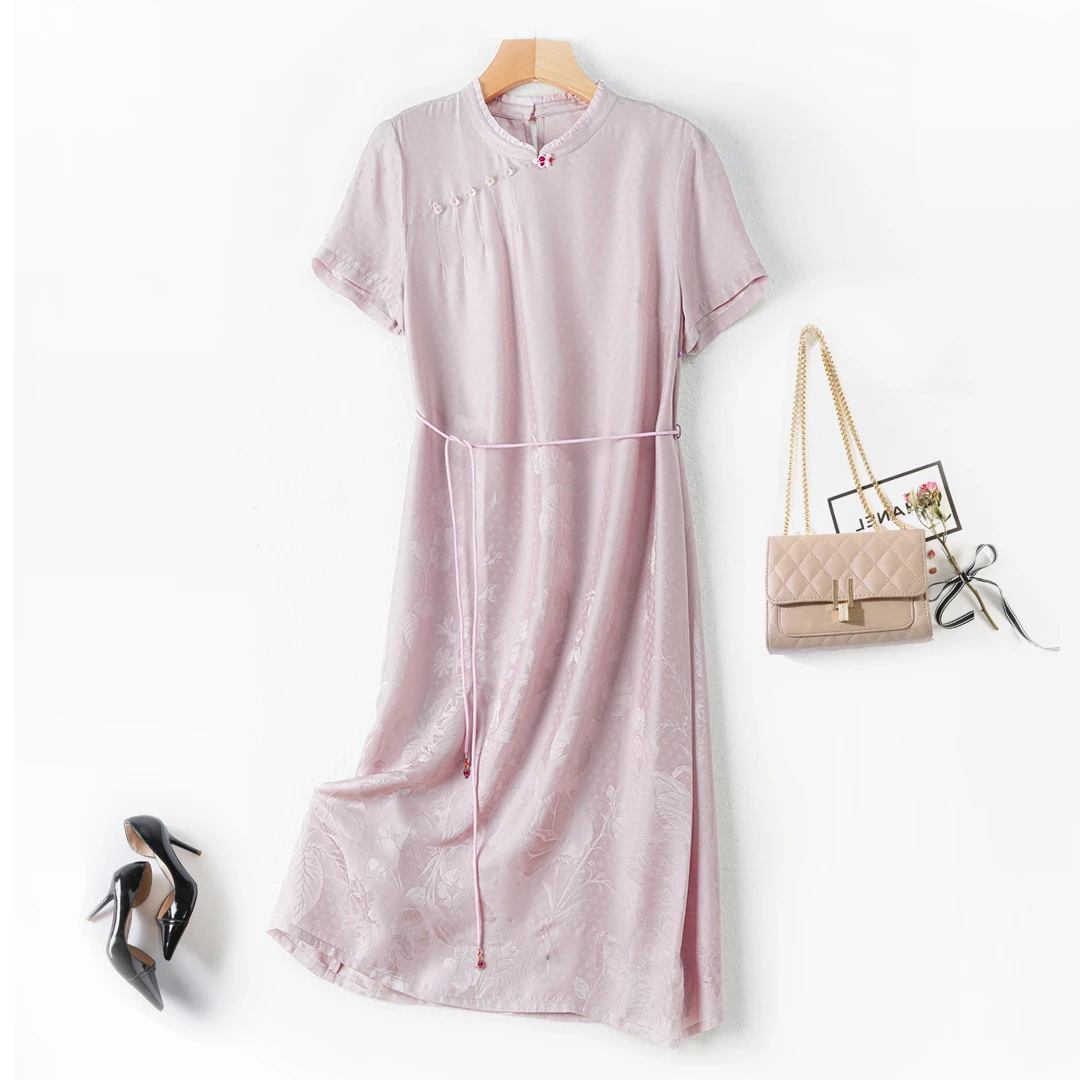 《粉丝专享》51%桑蚕丝夏季短袖裙子气质中国风提花缎宽松连衣裙