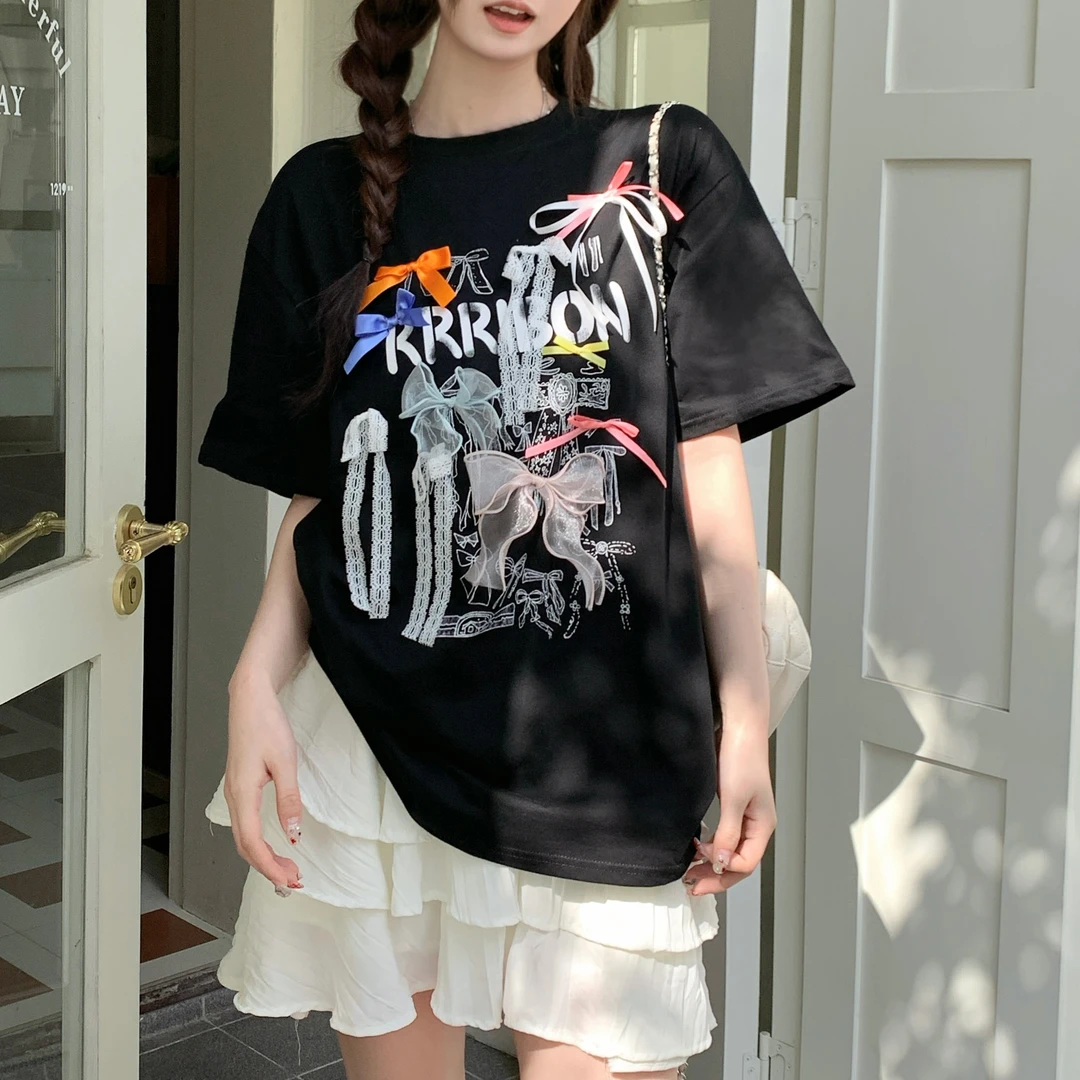 2025新款爆款美式短袖T恤女夏季洋气减龄蝴蝶结宽松chic韩系上衣