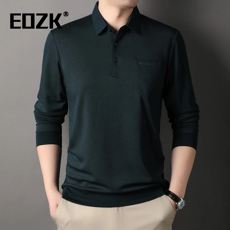 Eozk时尚纯色休闲长袖T恤男2025秋季新款翻领弹力抗皱男士polo衫