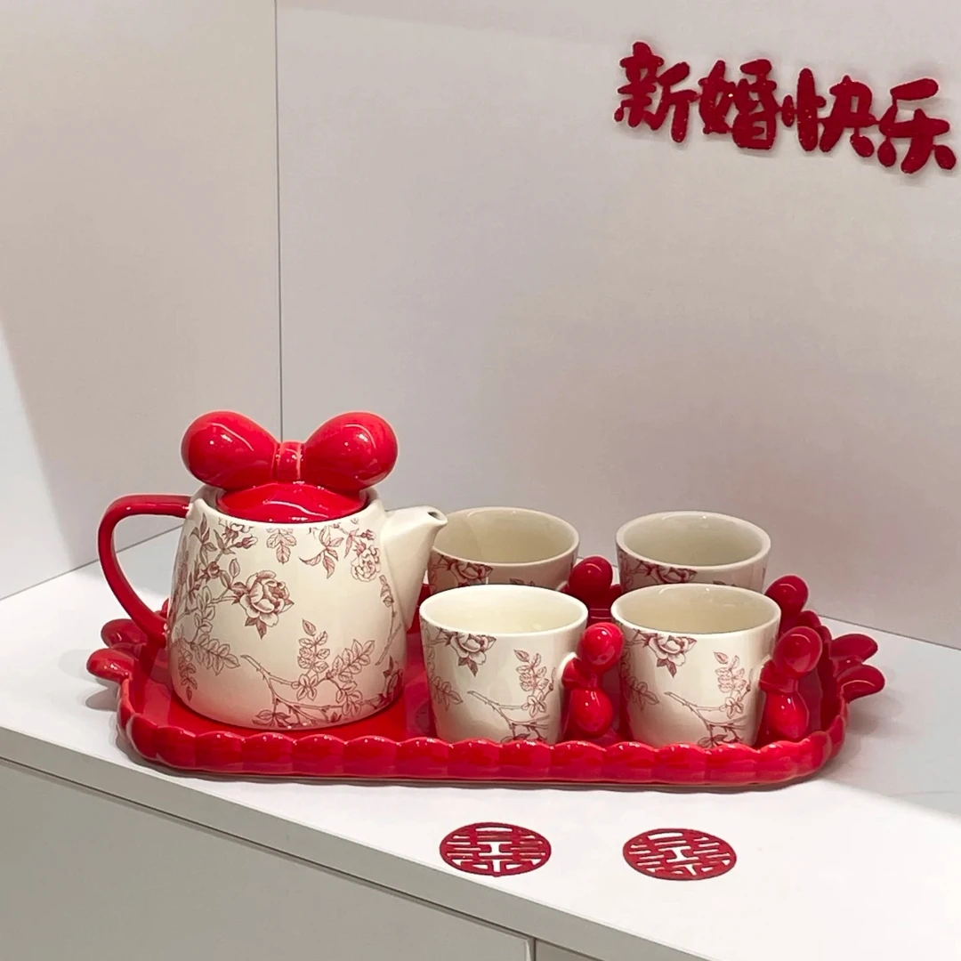 红色杯子水杯套装家用陶瓷泡茶壶茶杯订婚乔迁新婚礼物送新娘闺蜜