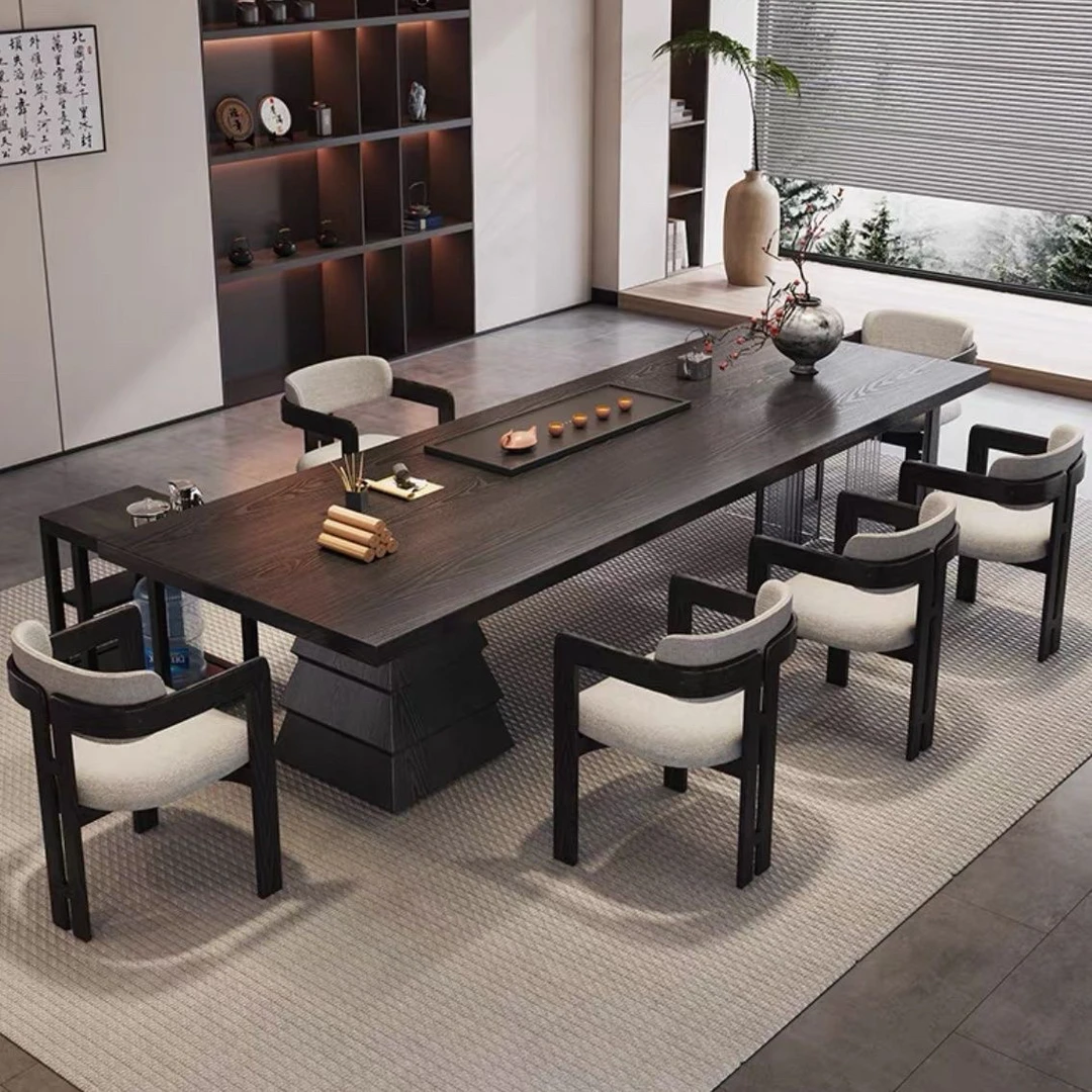 亚克力茶桌黑色实木大板一体桌椅组合现代办公室简约泡茶家用茶台