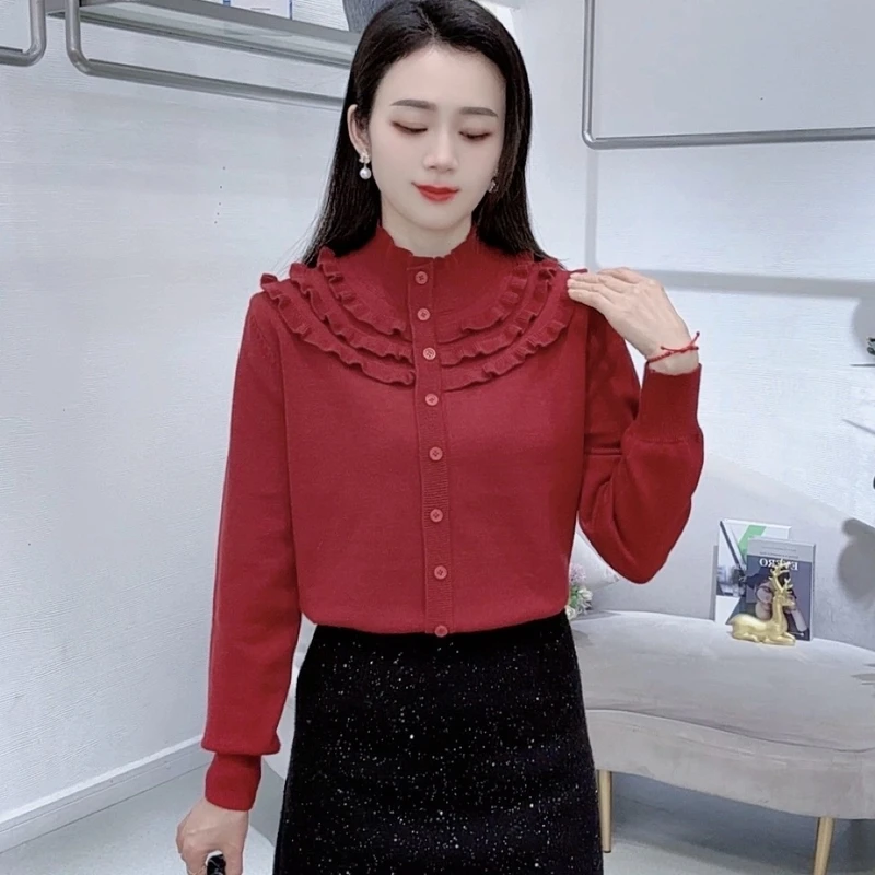 针织衫毛衣女春秋新款时尚气质红色内搭百搭打底衫长袖上衣