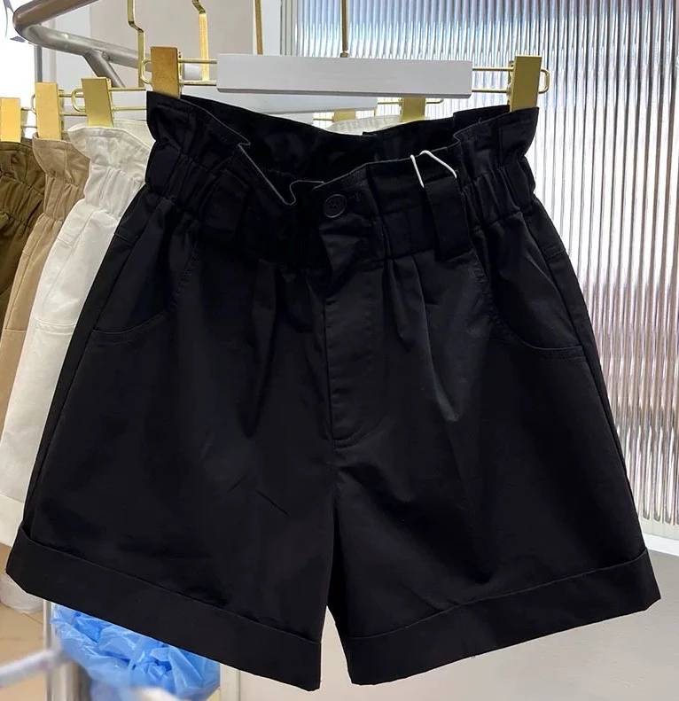 2219#高腰花苞阔腿卷边休闲四分裤