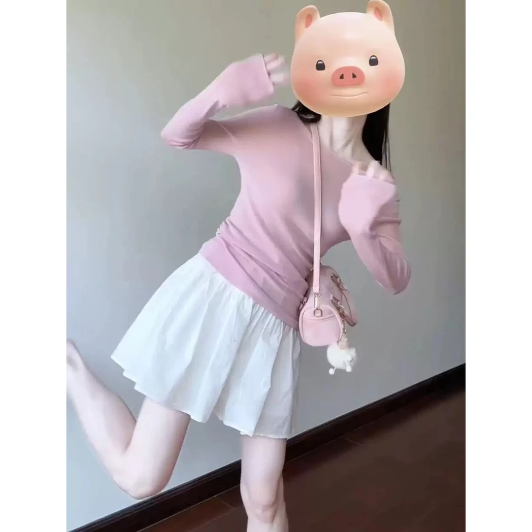 温柔风气质甜美小个子套装2025春季新款辣妹斜领修身上衣半裙女装