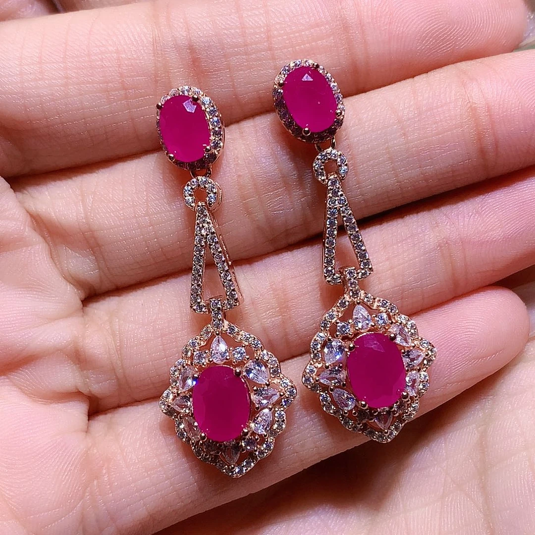 耳钉红宝石银S925镶嵌