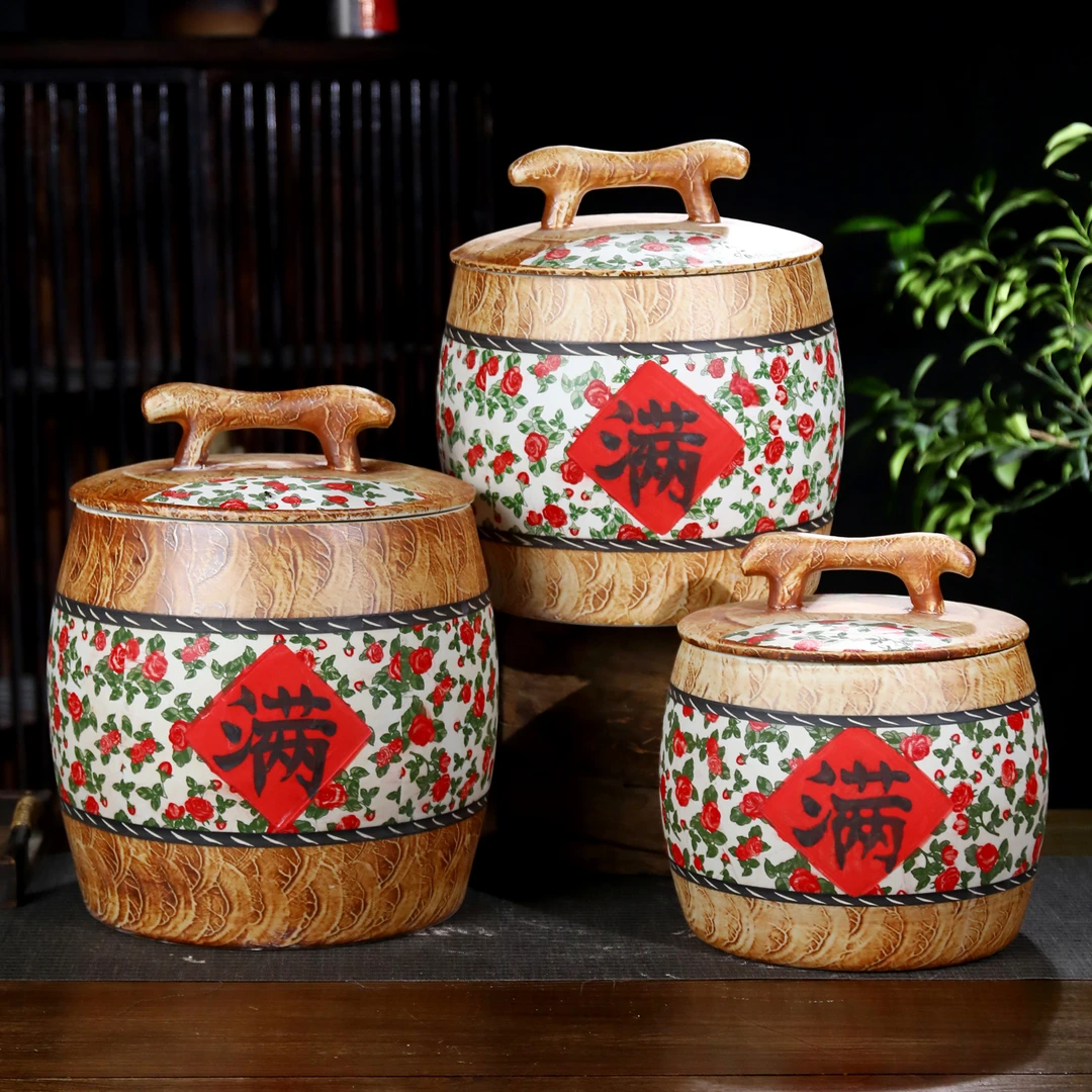 密封防潮复古中式家用陶瓷带盖仿木纹大号创意日式景德镇米桶米缸