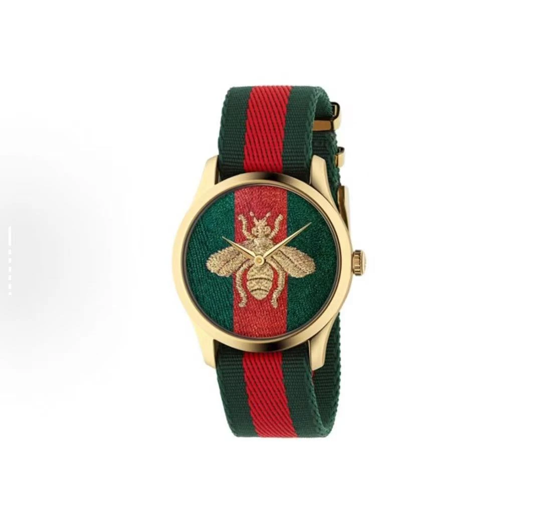 99新 GUCCI/古驰 G-Timeless系列红绿条纹蜜蜂刺绣手表