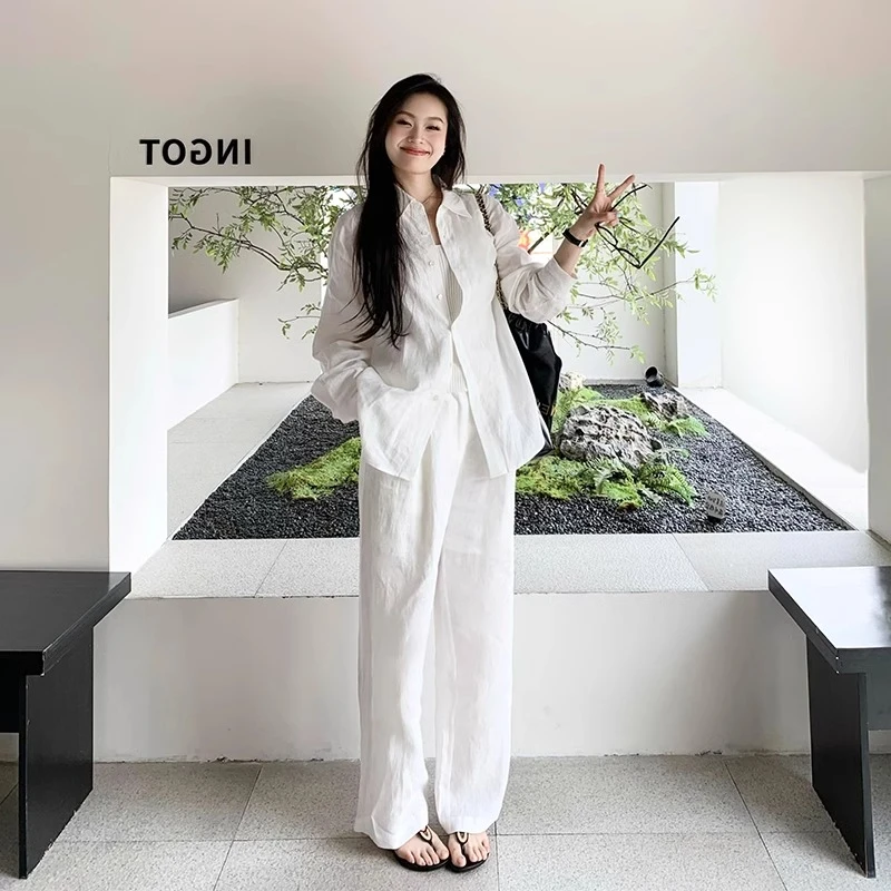 高个子白色棉麻套装女夏季老钱风新款亚麻宽松防晒衬衣两件套穿搭