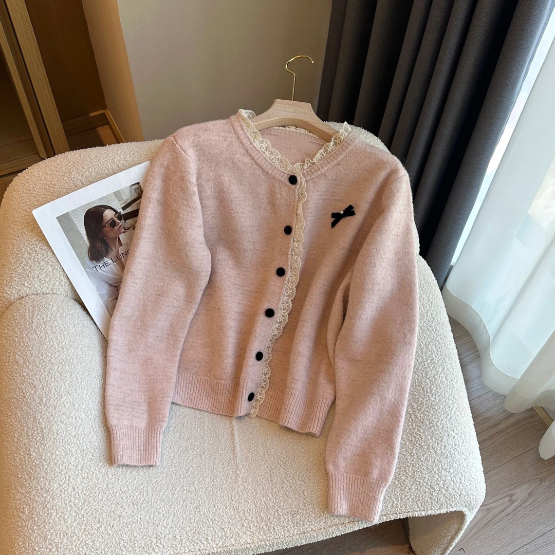 【婷婷推荐】5123 设计款拼接蕾丝针织开衫蝴蝶结氛围感毛衣