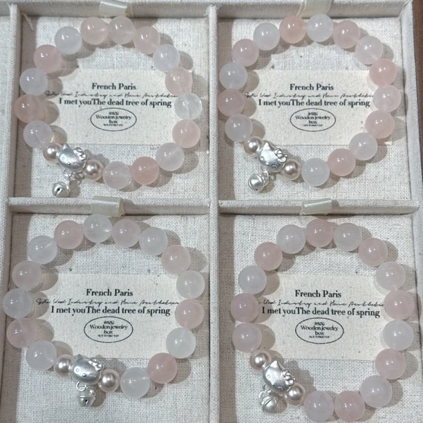 SG2889-［kitty摇铃］粉水晶白水晶银配手串均有色差瑕疵多样发