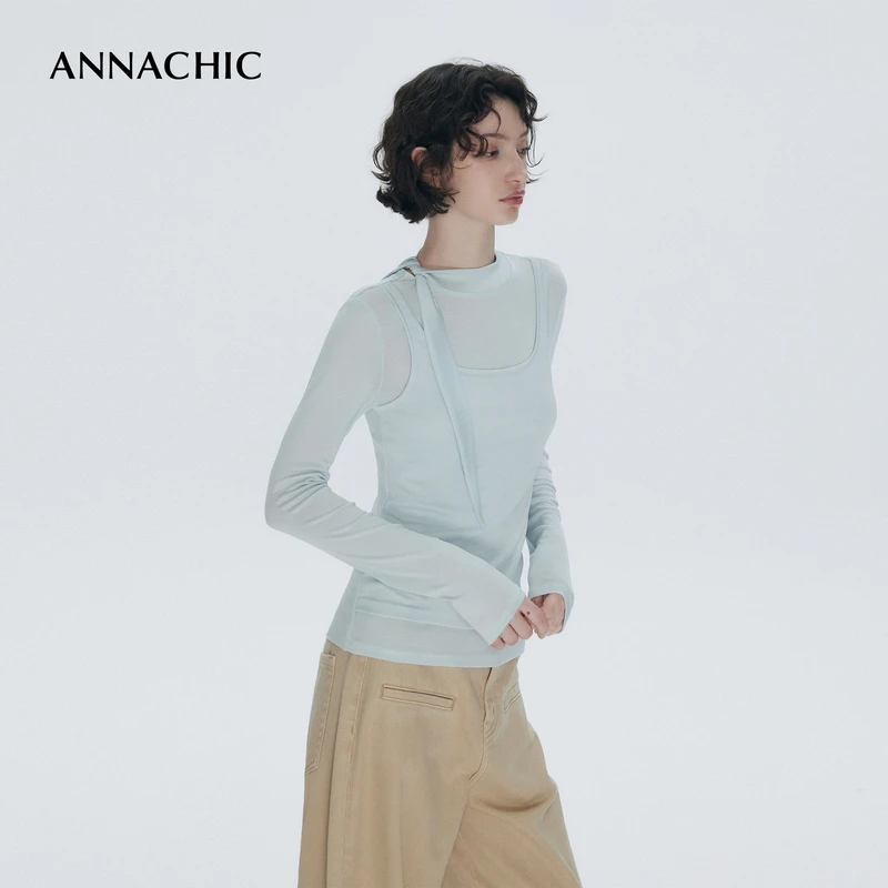 ANNACHIC解锁新潮流_时髦假两件飘带叠穿长袖T恤女/裸感亲肤上衣