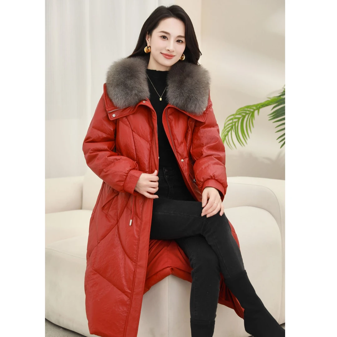海宁娜颜2024新款大狐狸毛领长款加厚皮鹅绒服女8009