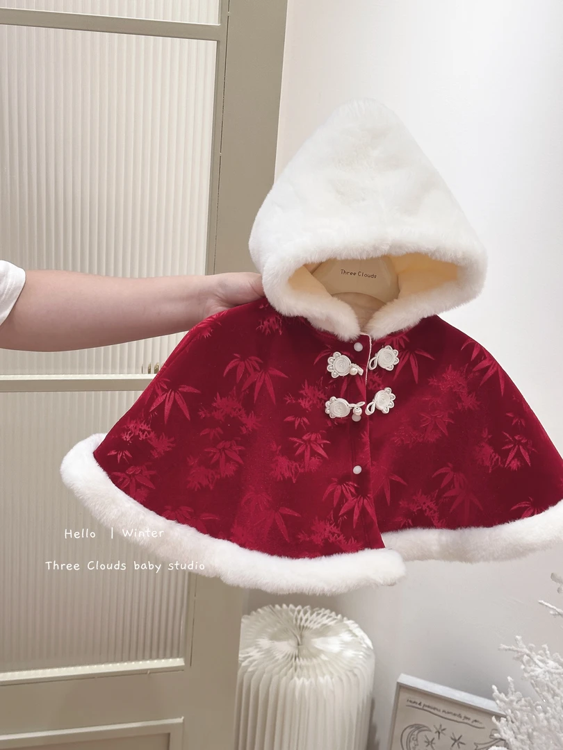 三小朵【竹叶斗篷】新中式婴儿披风斗篷加绒保暖女宝防风中国风套装